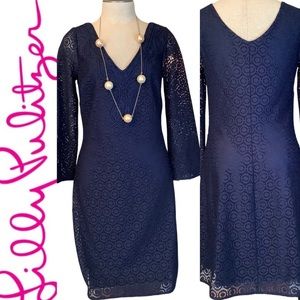LILLY PULITZER ALTEN LACE NAVY BLUE TUNIC DRESS WITH‎ 3/4 SLEEVES. SIZE S…